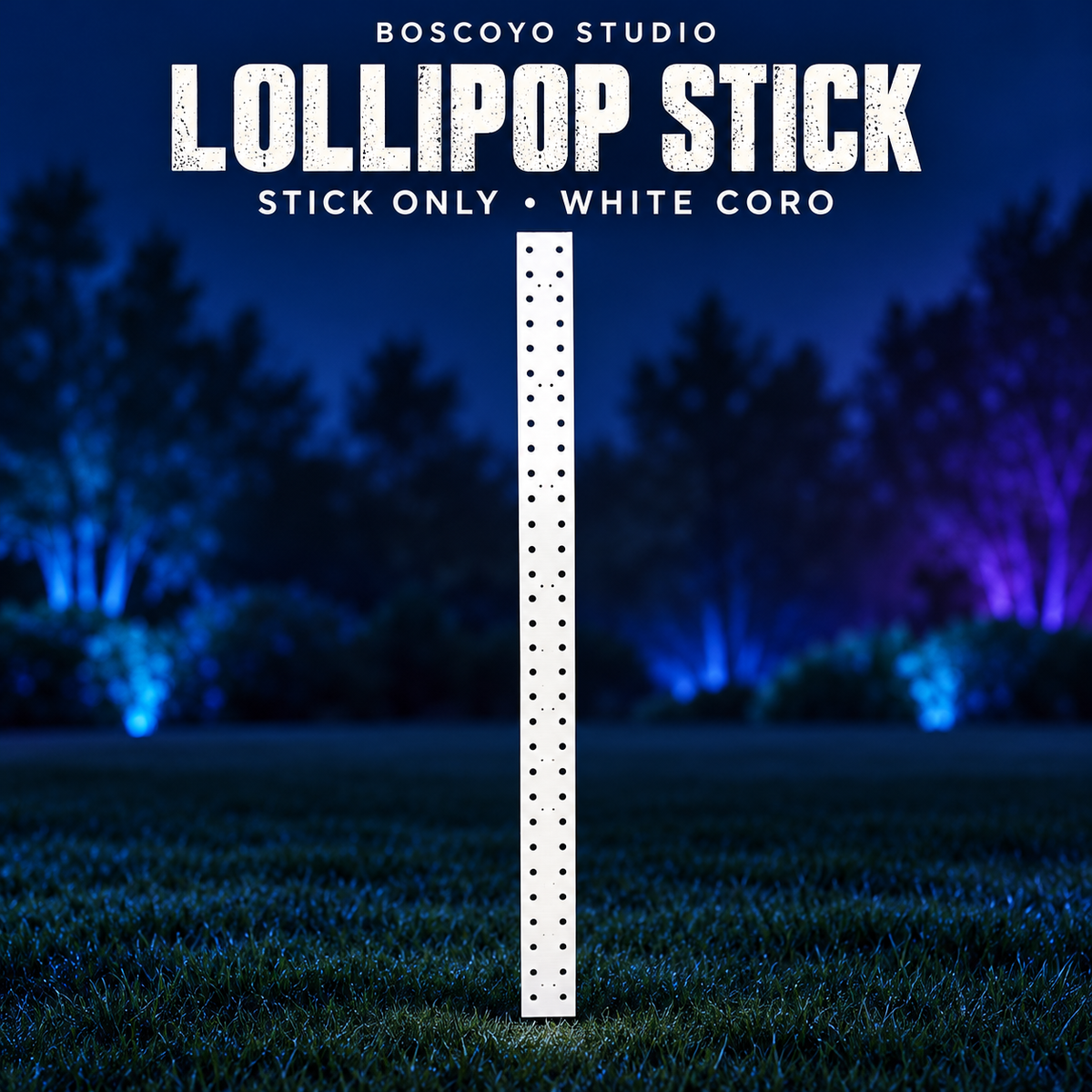 Boscoyo Lollipop Stick, single narrow white coro mounting strip with two columns of empty pixel holes, unlit on a dark blue evening yard.