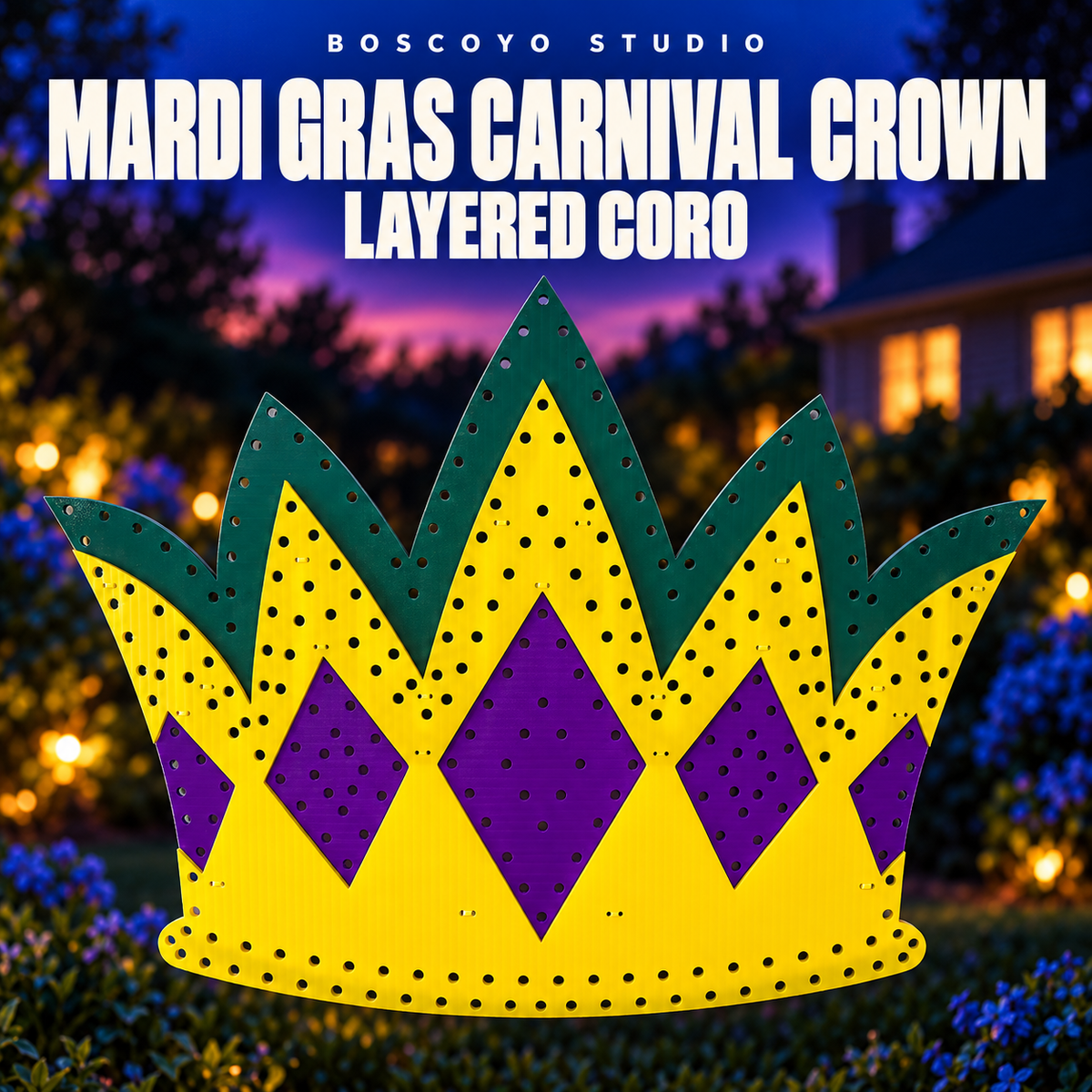 Mardi Gras Carnival Crown in layered green, yellow and purple coro, unlit with original holes.