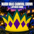 Mardi Gras Carnival Crown in layered green, yellow and purple coro, unlit with original holes.