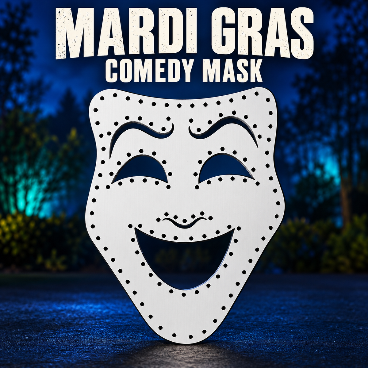 Boscoyo Mardi Gras Comedy Mask in white coro, with the original smiling face cutouts and unlit pixel holes.