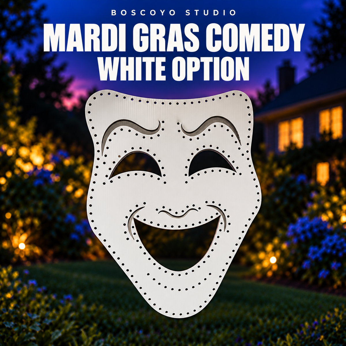 Mardi Gras Comedy Mask, white coro option with original open facial cutouts and pixel holes.