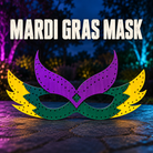 Boscoyo Mardi Gras Feather Mask, original purple, green and yellow layered coro with two eye openings and empty pixel holes.