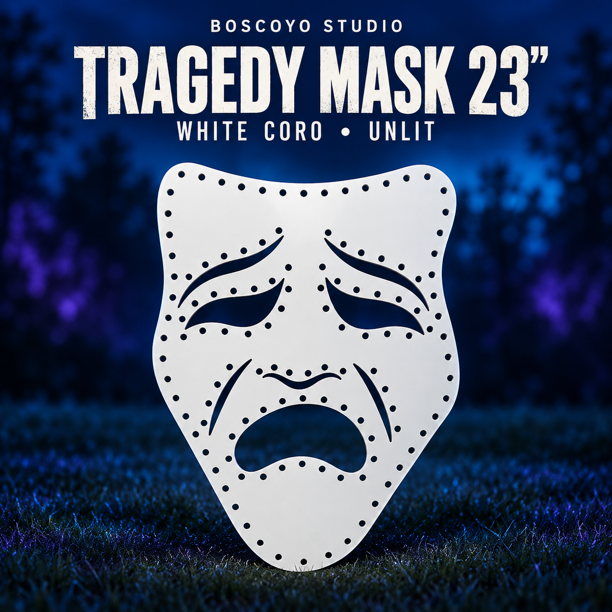 Boscoyo Mardi Gras Tragedy Mask 23-inch white coro version with original cutouts and empty pixel holes, unlit on a dark blue evening yard.