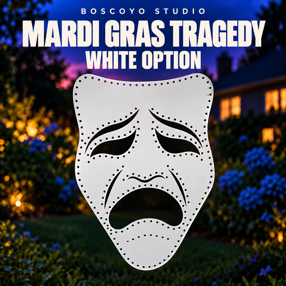Mardi Gras Tragedy Mask, white coro option with original sad-face cutouts and empty pixel holes.