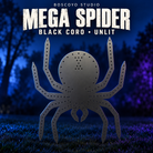 Boscoyo Mega Black Widow Spider, a flat black coro decorative panel with eight legs and empty pixel holes, unlit on a dark blue evening yard.