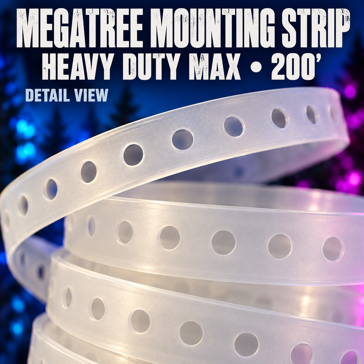 Detail of Boscoyo frosted Heavy Duty Max pixel mounting strip for the 200-foot roll listing, showing one-inch-center round holes; material detail view.