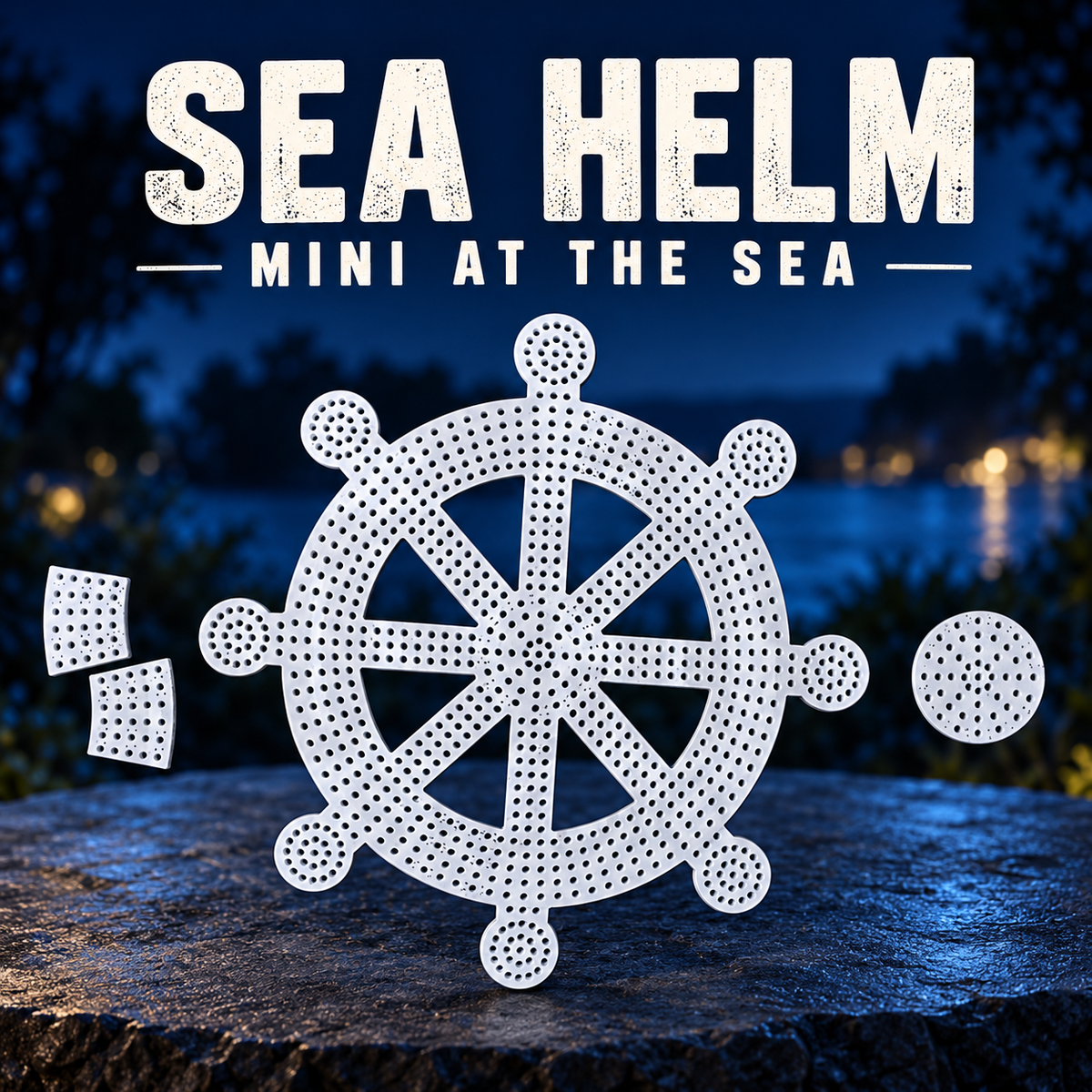 Boscoyo Mini at the Sea Helm, white unlit coro wheel with eight rounded handles and its three separate plates.