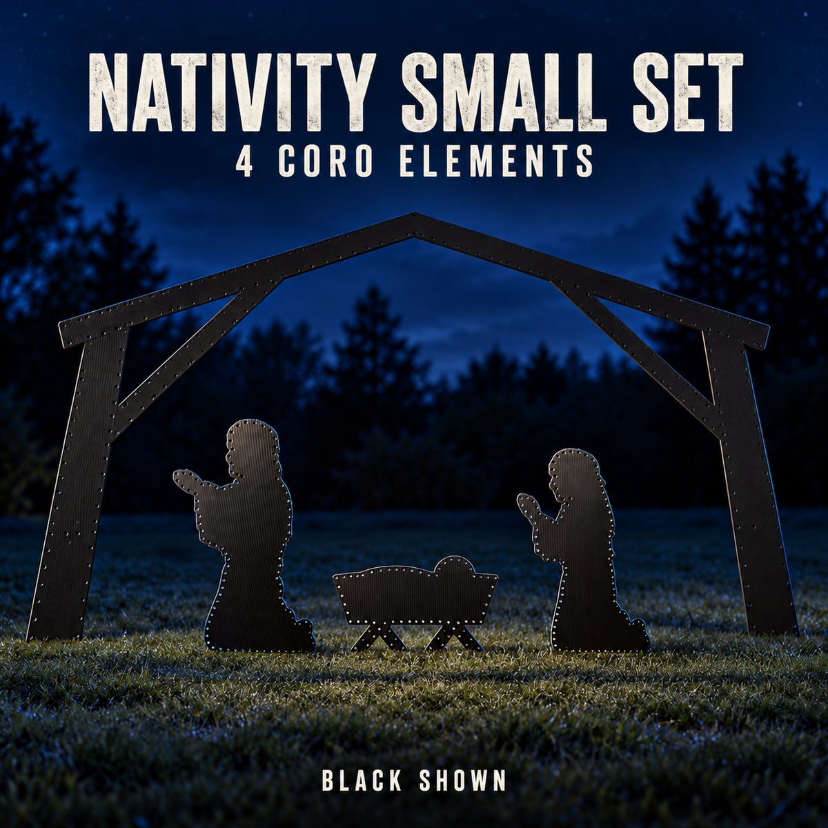 Boscoyo Nativity Small Set showing its four unlit black coro elements: stable, Joseph, Mary and Baby Jesus.