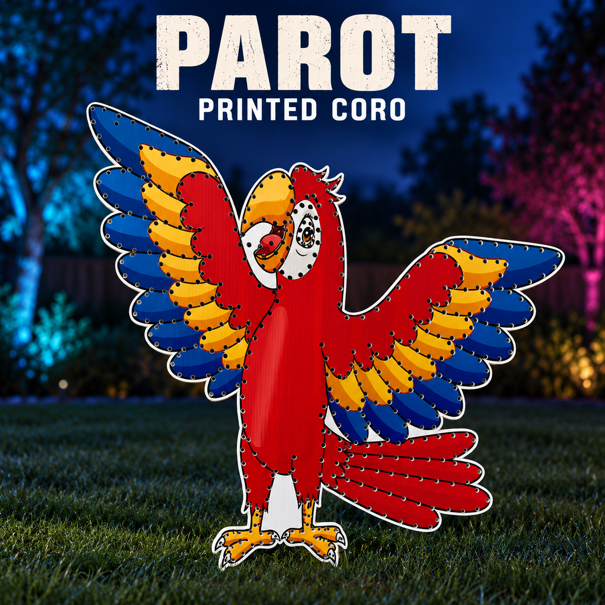 Boscoyo Parrot, original printed coro design shown unlit in an evening yard. Original empty pixel holes visible.