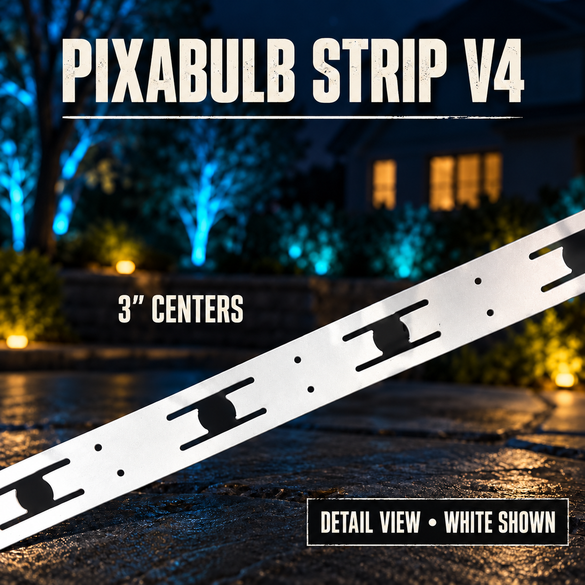 Boscoyo PixaBulb mounting strip V4, white detail showing push-through openings and3-inch spacing