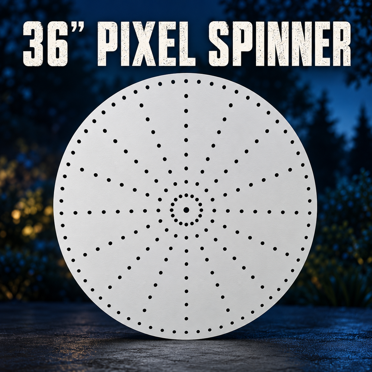 Boscoyo 36-inch Pixel Spinner, bare white circular coro panel with its original radial and center-ring hole pattern, unlit.