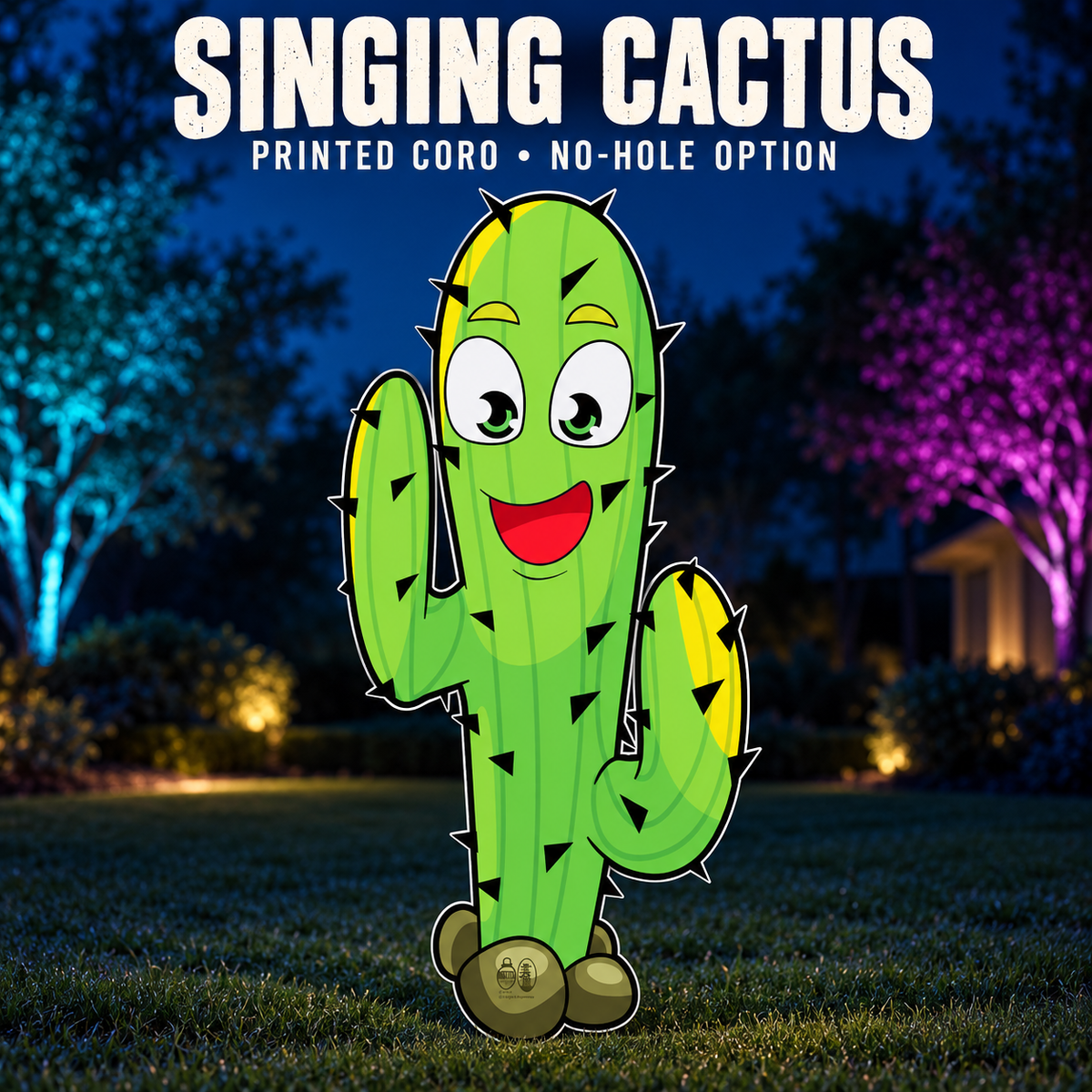 Boscoyo Singing Cactus, original printed coro design shown unlit in an evening yard. No-hole option shown.