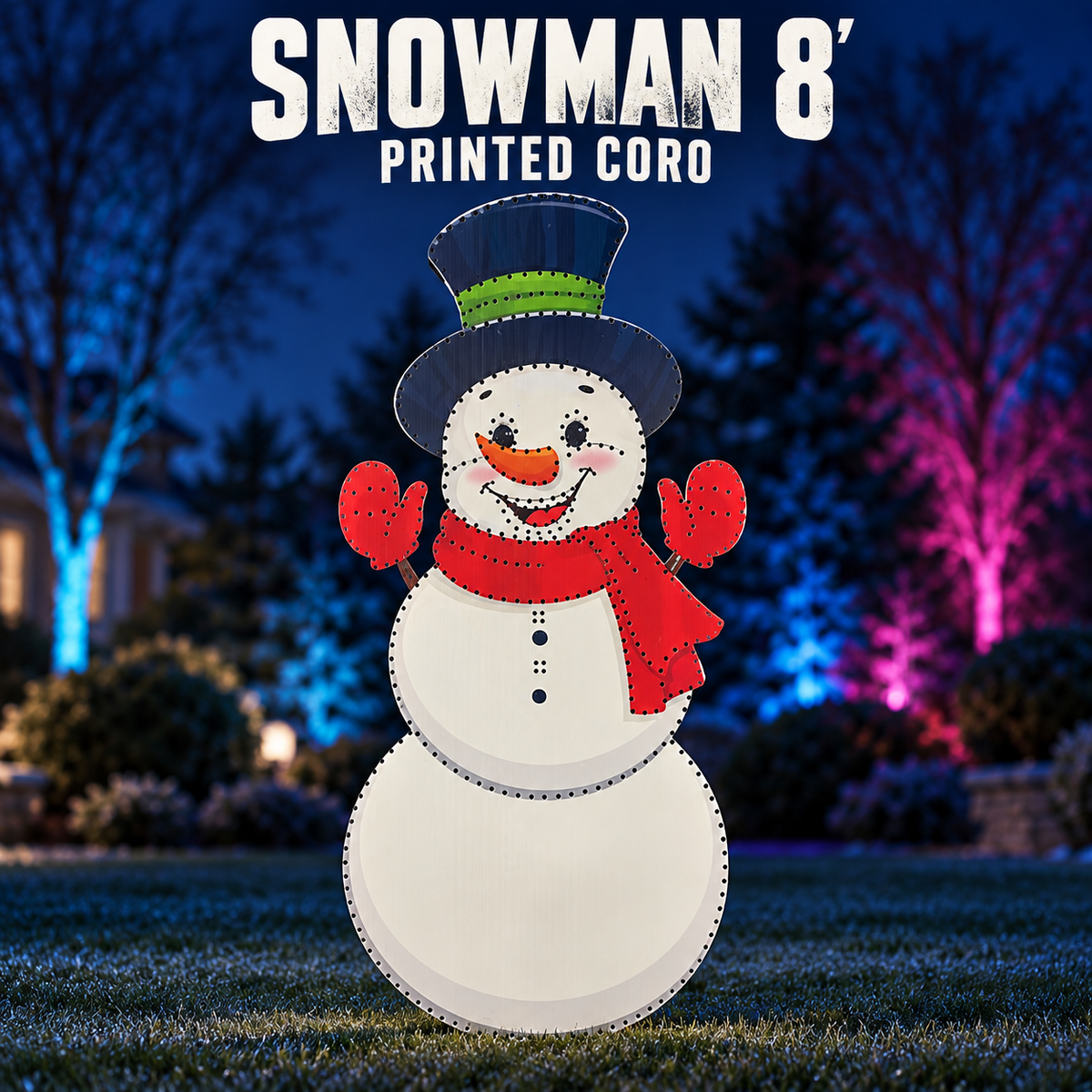 Boscoyo Snowman 8 Foot, original printed coro design shown unlit in an evening yard. Original empty pixel holes visible.
