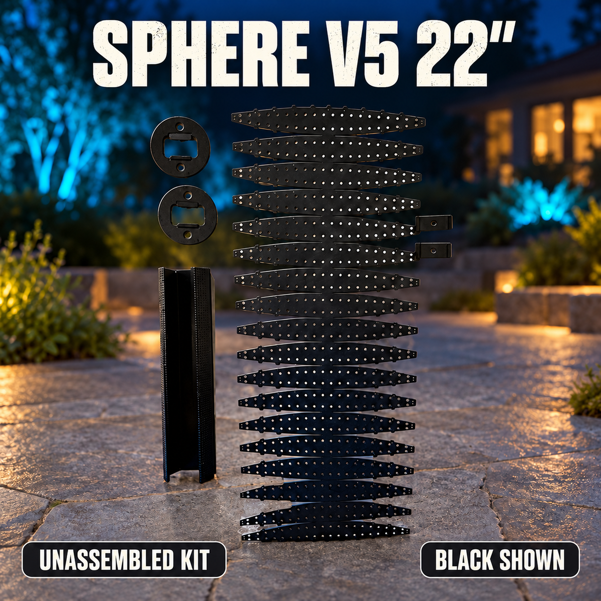 Boscoyo Sphere V5 22-inch unassembled black kit showing its original perforated sheet, two rings, core and two adapter plates without pixels.