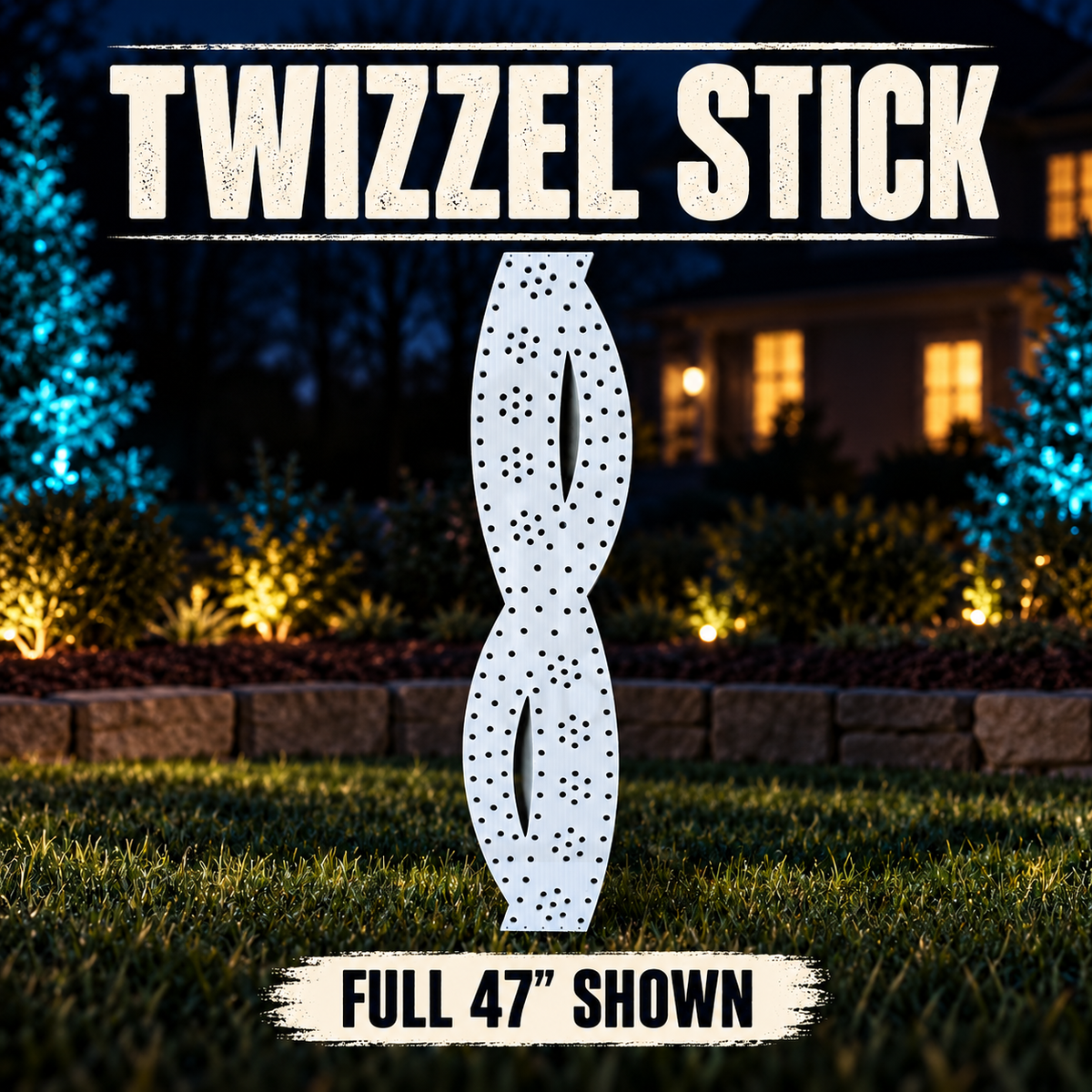 Boscoyo Twizzel Stick coro prop shown against a dark twilight backdrop; original product shape and perforations visible.