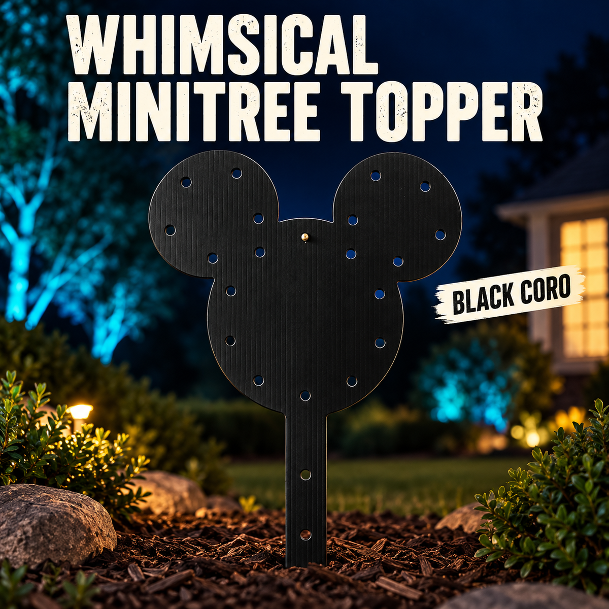 WHIMSICAL MINITREE TOPPER by Boscoyo Studio, exact unlit coro product shown in a blue-lit evening yard