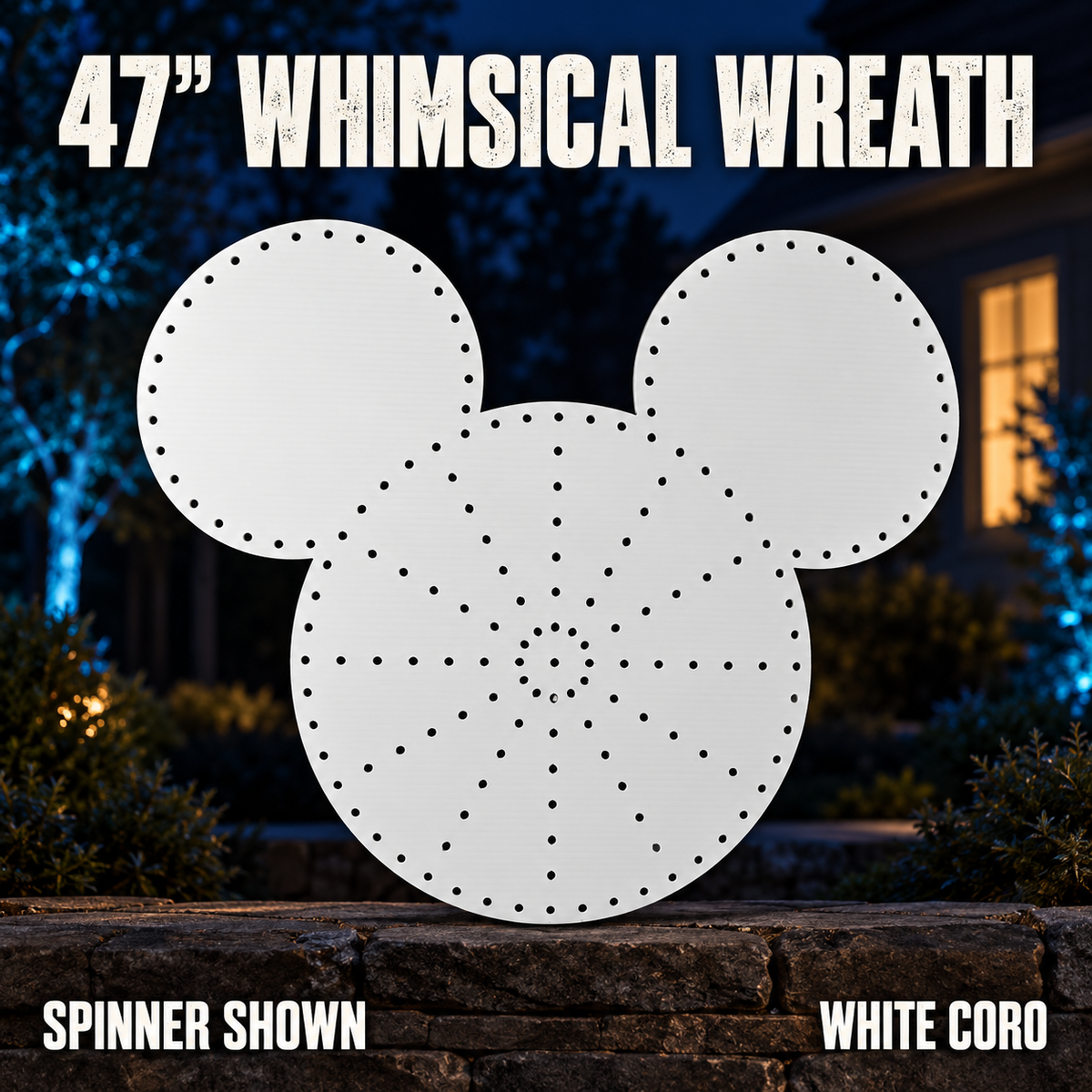 47″ WHIMSICAL WREATH by Boscoyo Studio, exact product shown in a blue-lit evening yard