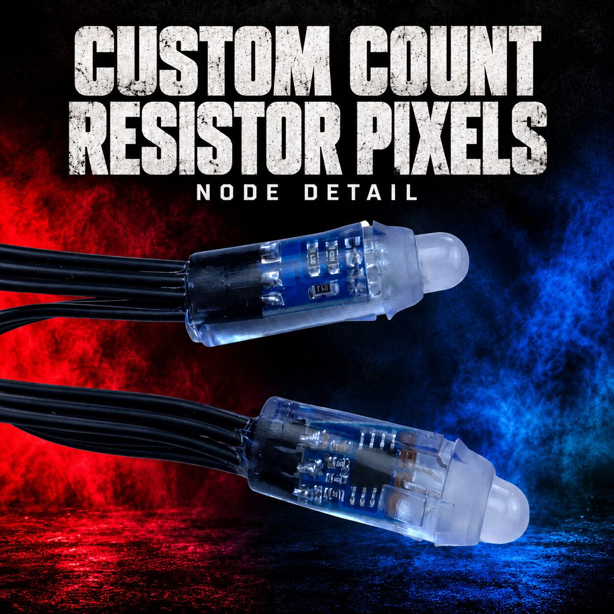 Custom Count resistor pixels, shown as closeup details of clear bullet nodes with blue circuit boards and black wire.