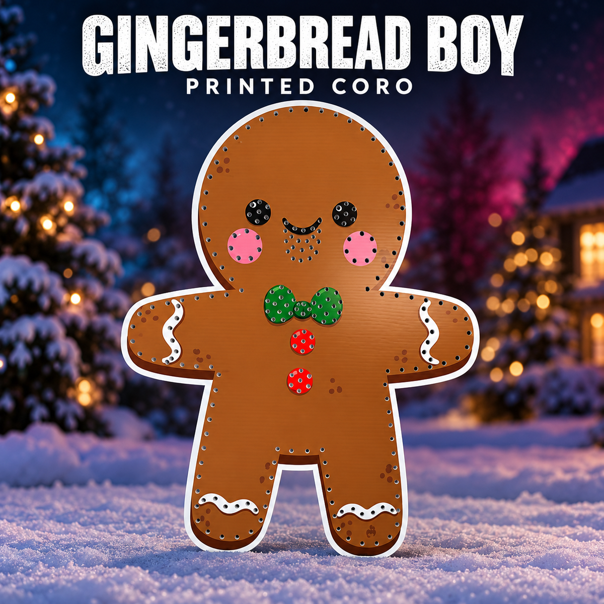 DayCorO Gingerbread Boy printed coro prop, showing its original artwork and pixel-hole layout without installed lights.
