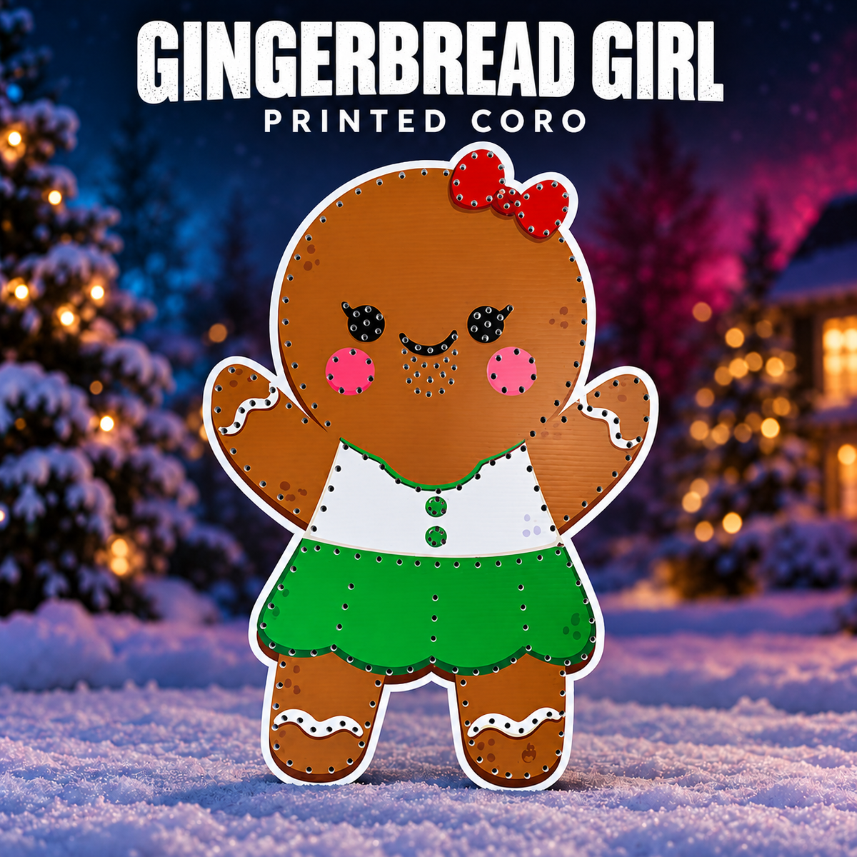 DayCorO Gingerbread Girl printed coro prop, showing its original colorful artwork and unlit pixel-hole layout.