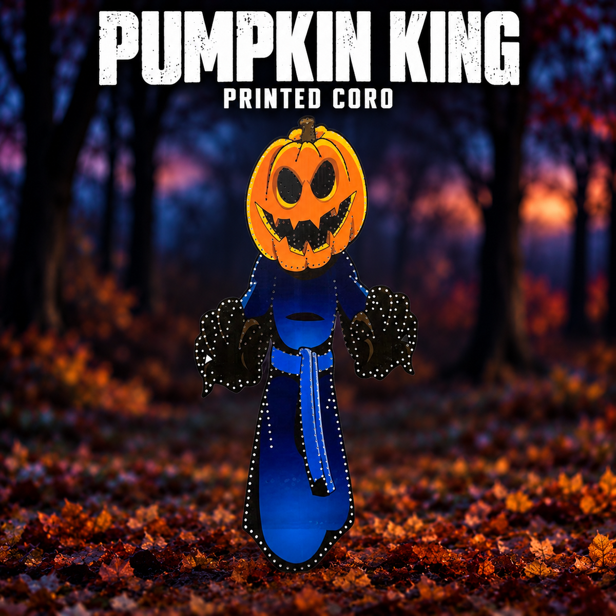 DayCorO Pumpkin King printed coro prop, showing the pumpkin face, navy robe and original pixel-hole layout unlit.
