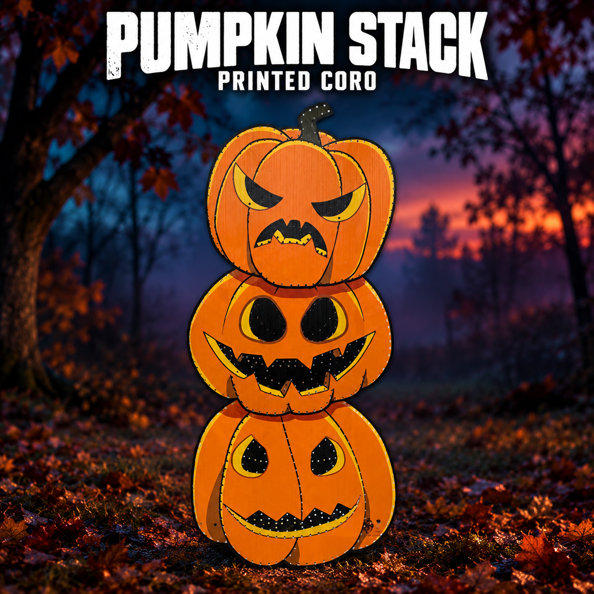 DayCorO Pumpkin Stack printed coro prop, displaying its original stacked pumpkin artwork and unlit pixel-hole layout.