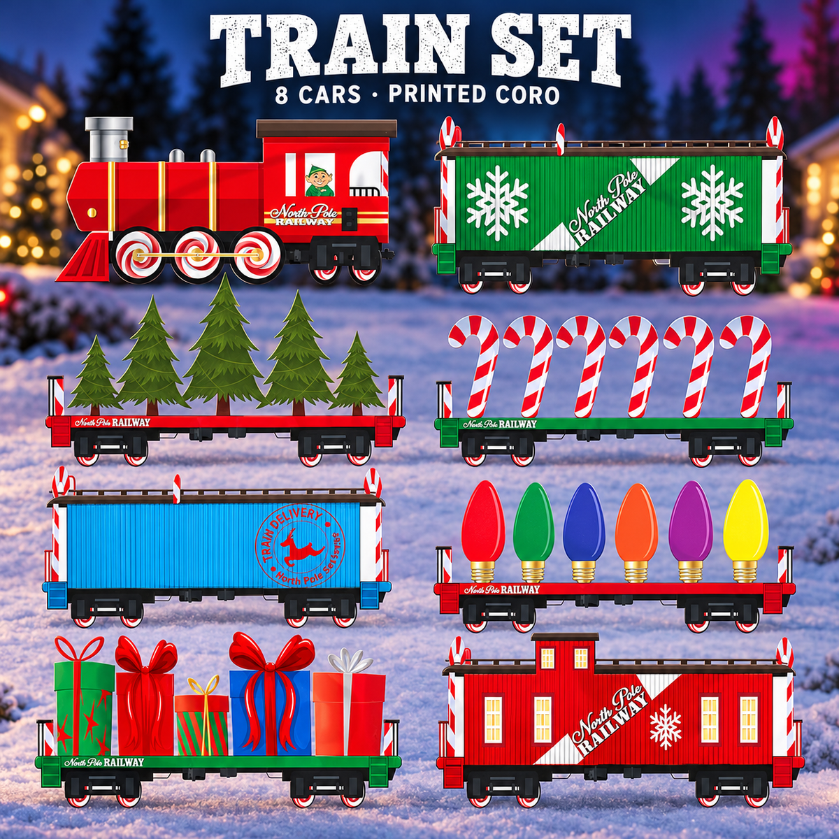 DayCorO eight-car printed coro train set, showing all eight original unlit car designs.