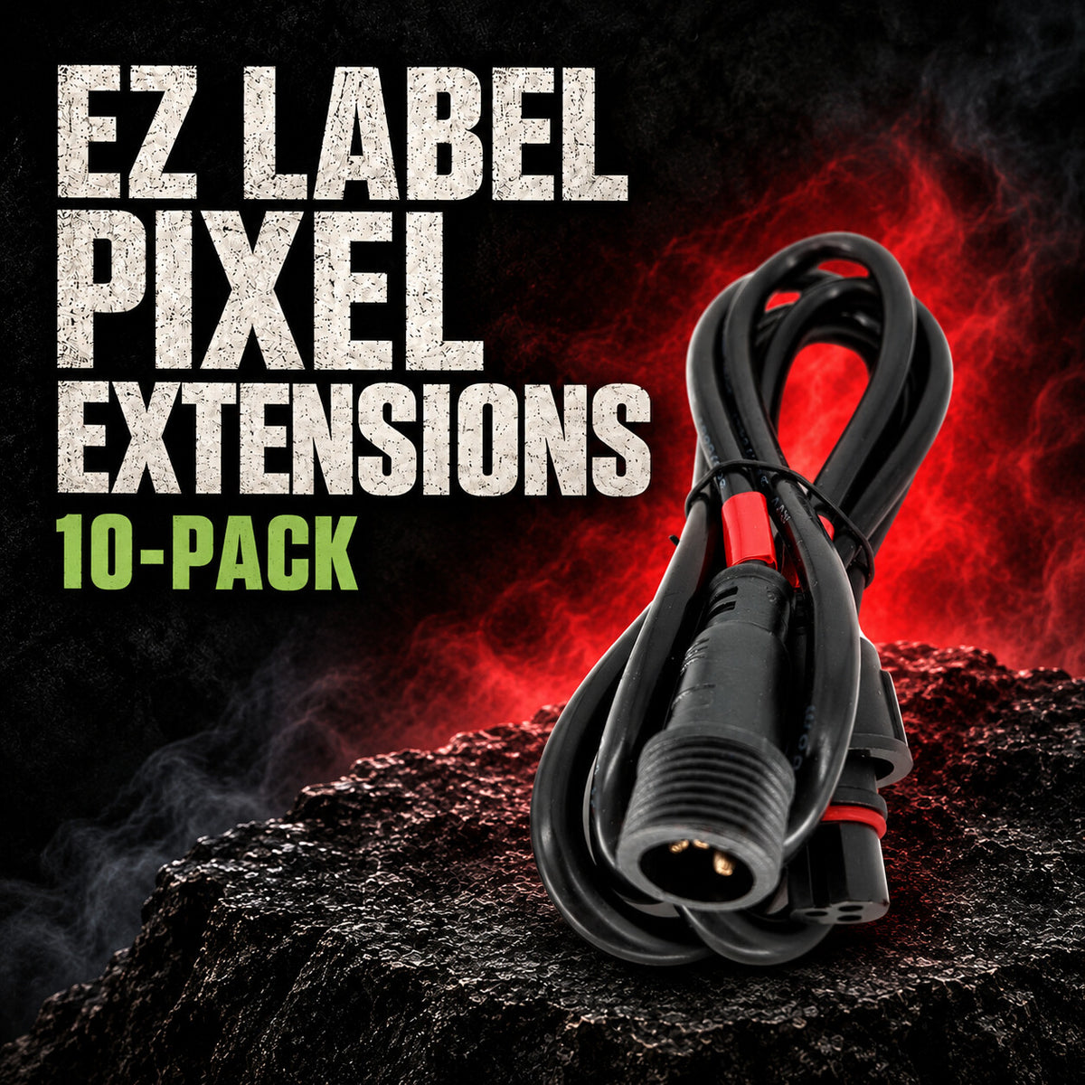EZ Label pixel extension cable showing the black cable, red identification sleeves and male and female connectors; sold as a 10-pack.