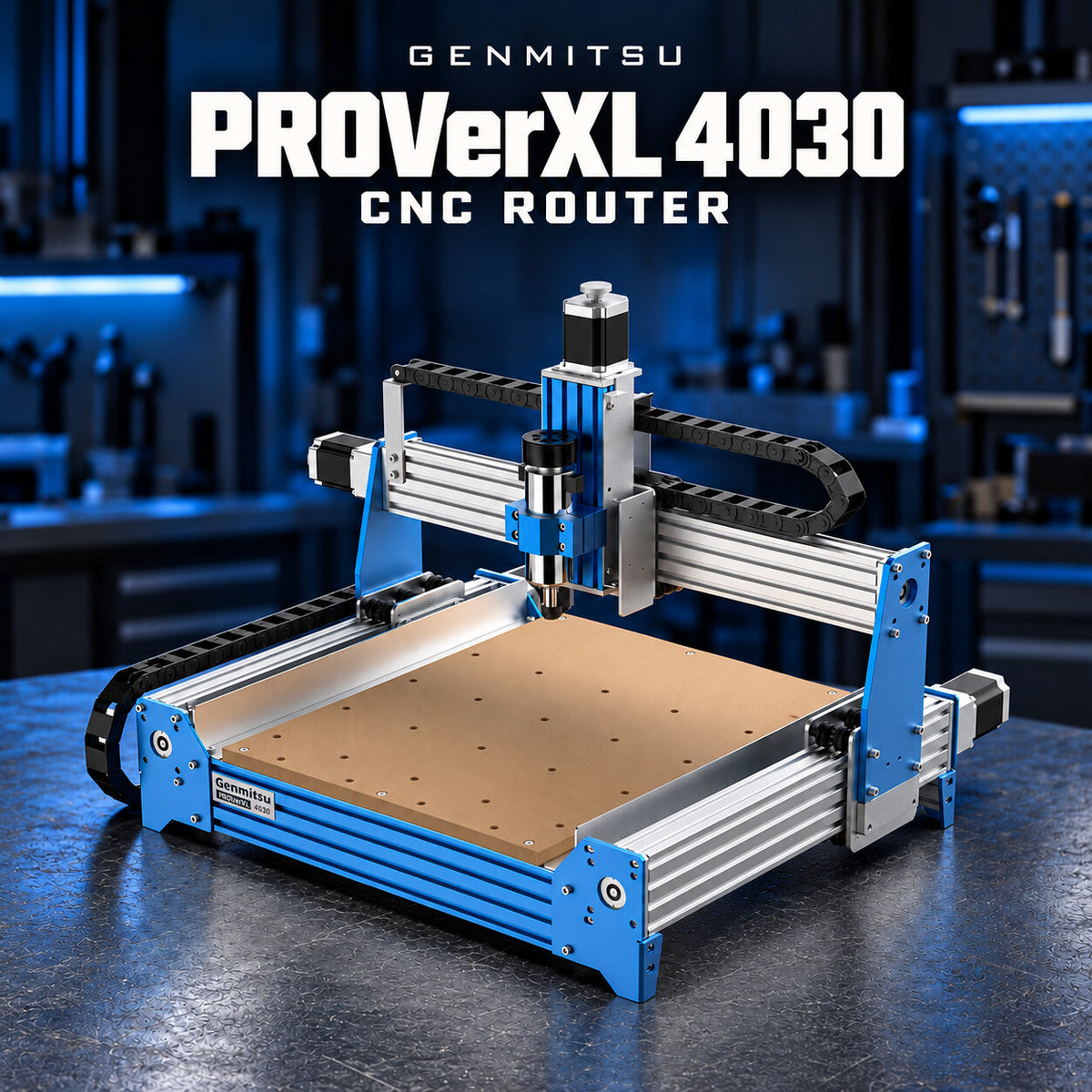 Genmitsu PROVerXL 4030 CNC router with its original photographed frame, bed, spindle and hardware on a dark workshop bench.