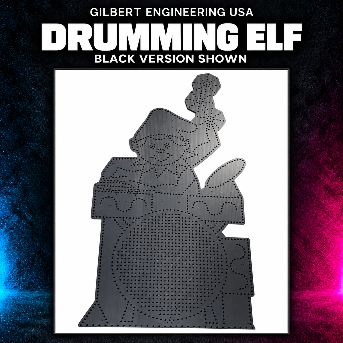 Gilbert Engineering USA Drumming Elf, black version shown. Original product photograph.