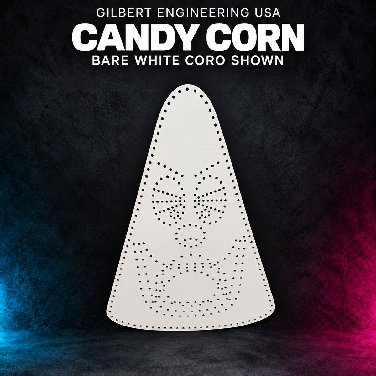 Gilbert Engineering USA Candy Corn bare white coro prop, showing the original singing-face pixel hole pattern without lights.