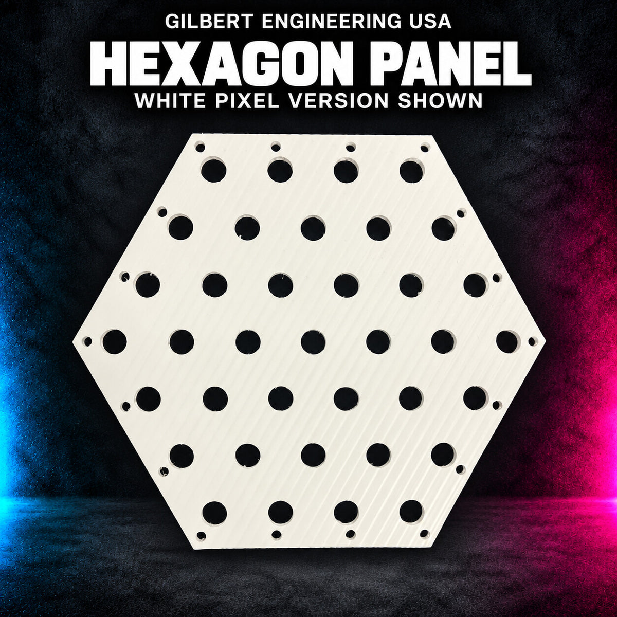 Gilbert Engineering USA Hexagon Panel bare white coro prop, showing its original empty pixel openings and cutout shape.