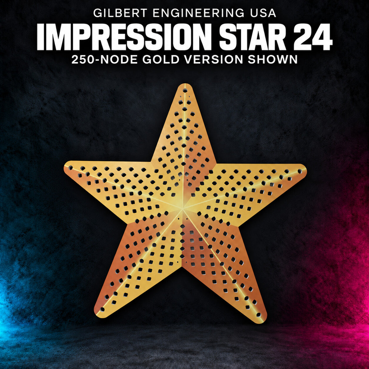 Gilbert Engineering USA IMPRESSION Star 24, 250-node gold printed coro version shown with empty pixel holes.