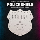 Gilbert Engineering USA Police Shield bare white coro prop, showing the exact photographed pixel openings and cutout shape. 