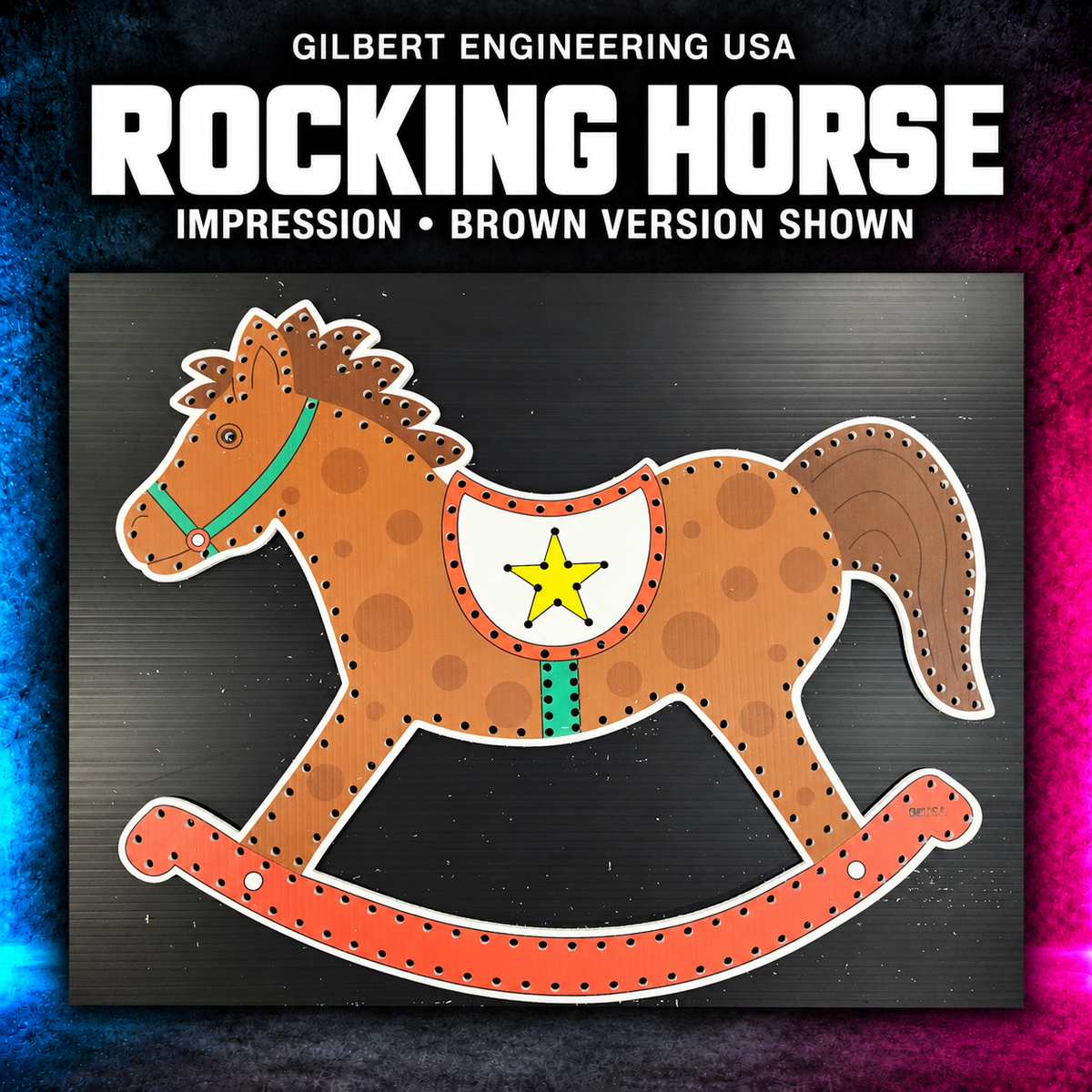 Gilbert Engineering USA ROCKING HORSE, impression • brown version shown. Original unlit printed coro product photograph.