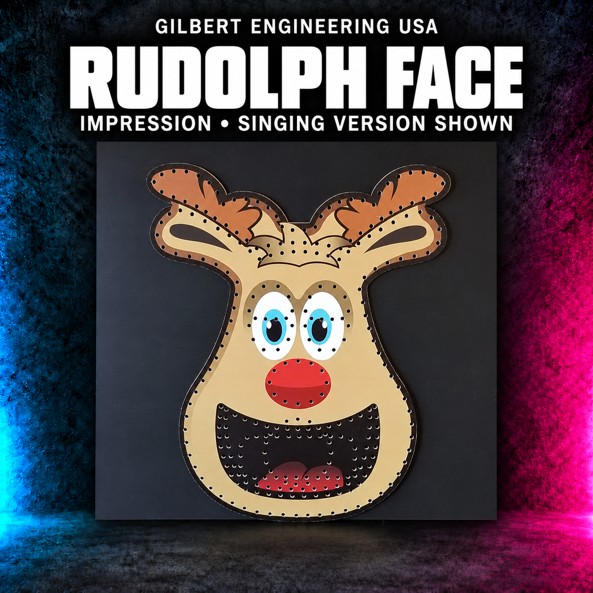 Gilbert Engineering USA RUDOLPH FACE, impression • singing version shown. Original unlit printed coro product photograph.