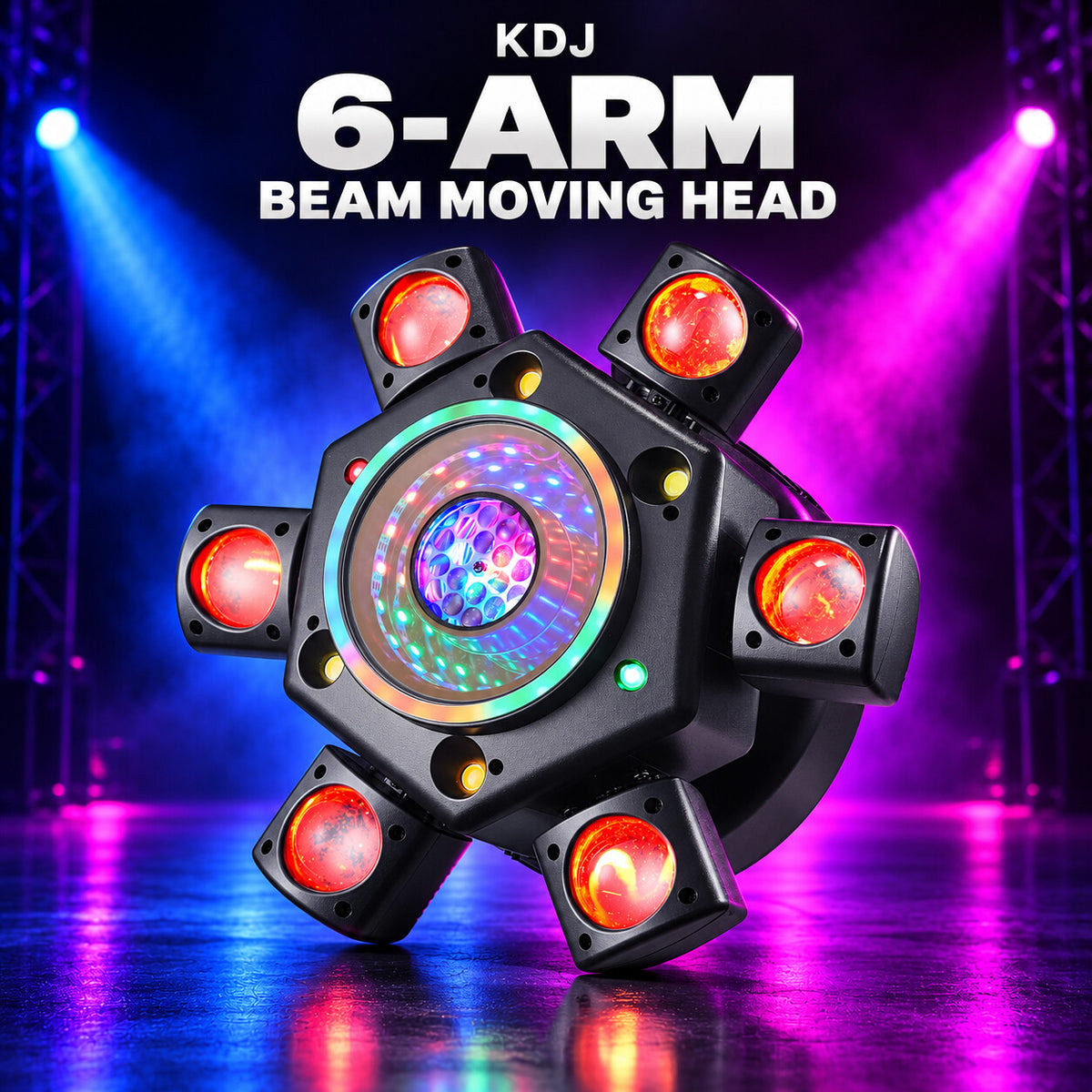 KDJ 6-ARM beam moving head fixture with its original photographed construction against a blue and magenta stage.