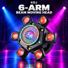 KDJ 6-ARM beam moving head fixture with its original photographed construction against a blue and magenta stage.