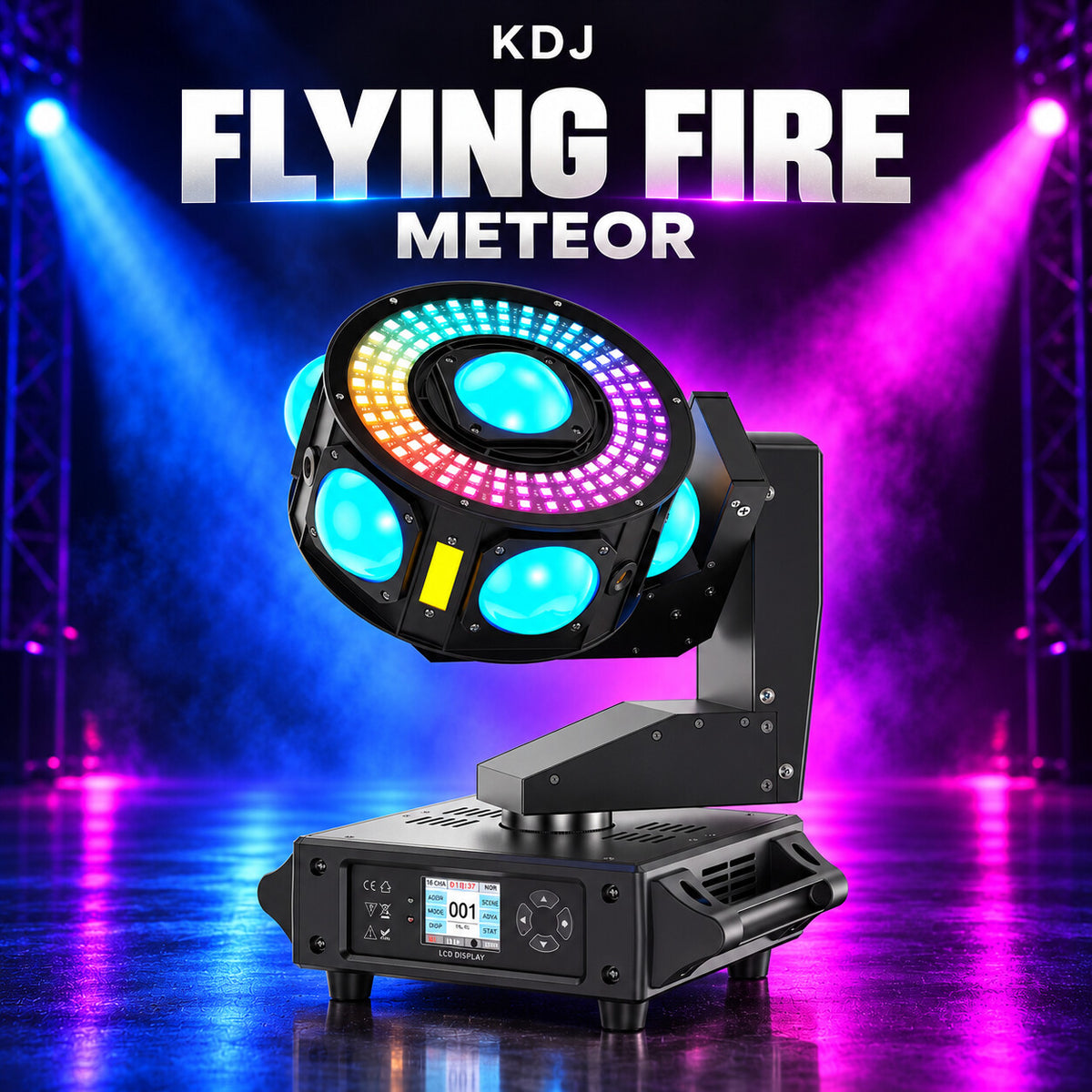 KDJ FLYING FIRE meteor fixture with its original photographed construction against a blue and magenta stage.