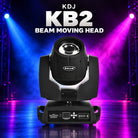 KDJ KB2 beam moving head fixture with its original photographed construction against a blue and magenta stage.