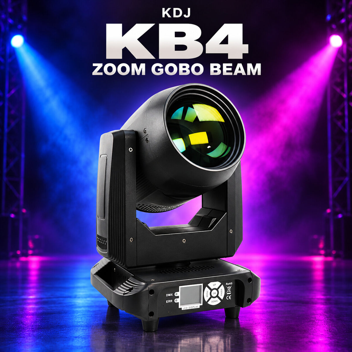 KDJ KB4 zoom gobo beam with its photographed construction against a blue and magenta stage.