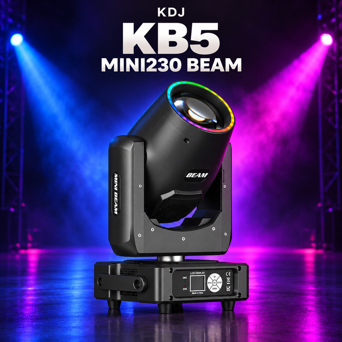 KDJ KB5 mini230 beam with its photographed construction against a blue and magenta stage.