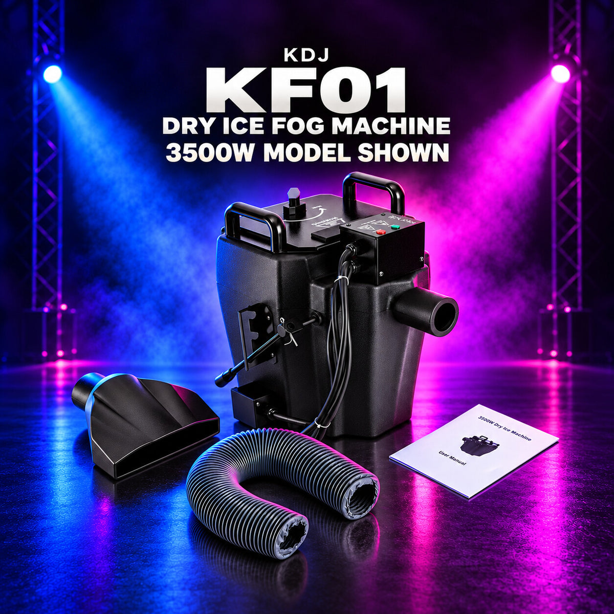KDJ KF01 dry ice fog machine, 3500W model shown with its photographed nozzle, flexible tube and manual against a blue and magenta stage.