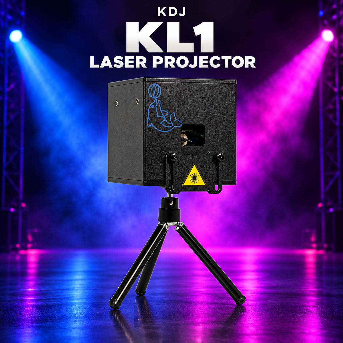 KDJ KL1 laser projector with its photographed construction against a blue and magenta stage.