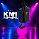 KDJ KN1 kinetic ball fixture with its original photographed construction against a blue and magenta stage.