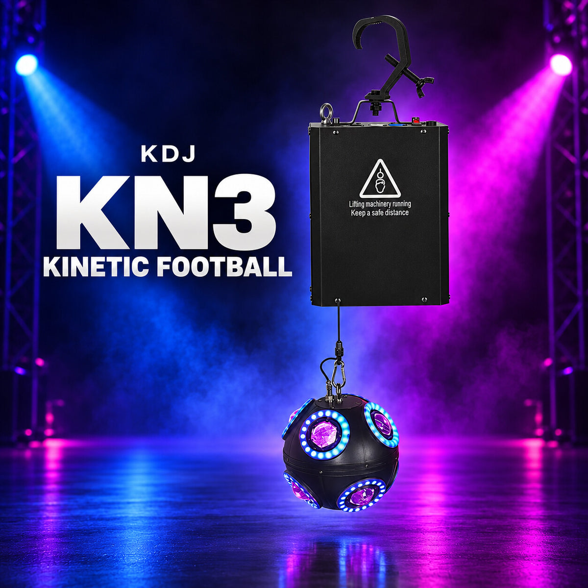 KDJ KN3 kinetic football fixture with its original photographed construction against a blue and magenta stage.