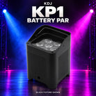Black KDJ KP1 battery PAR fixture with six clear lenses, ribbed housing and carry handle; black fixture shown.