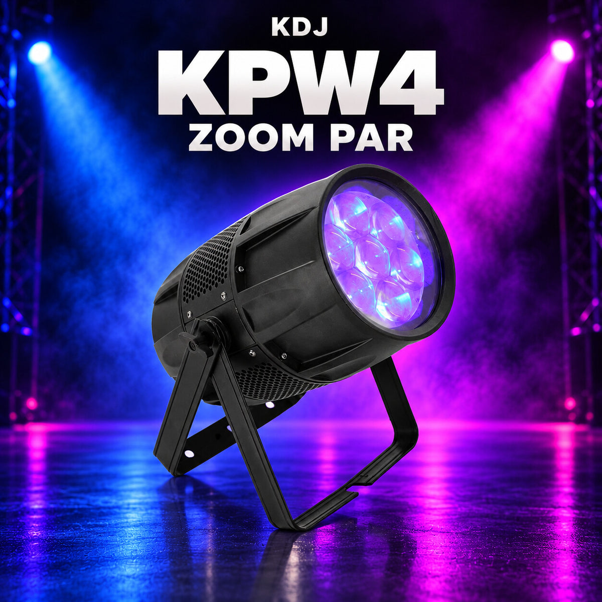 KDJ KPW4 zoom par fixture with its original photographed construction against a blue and magenta stage.