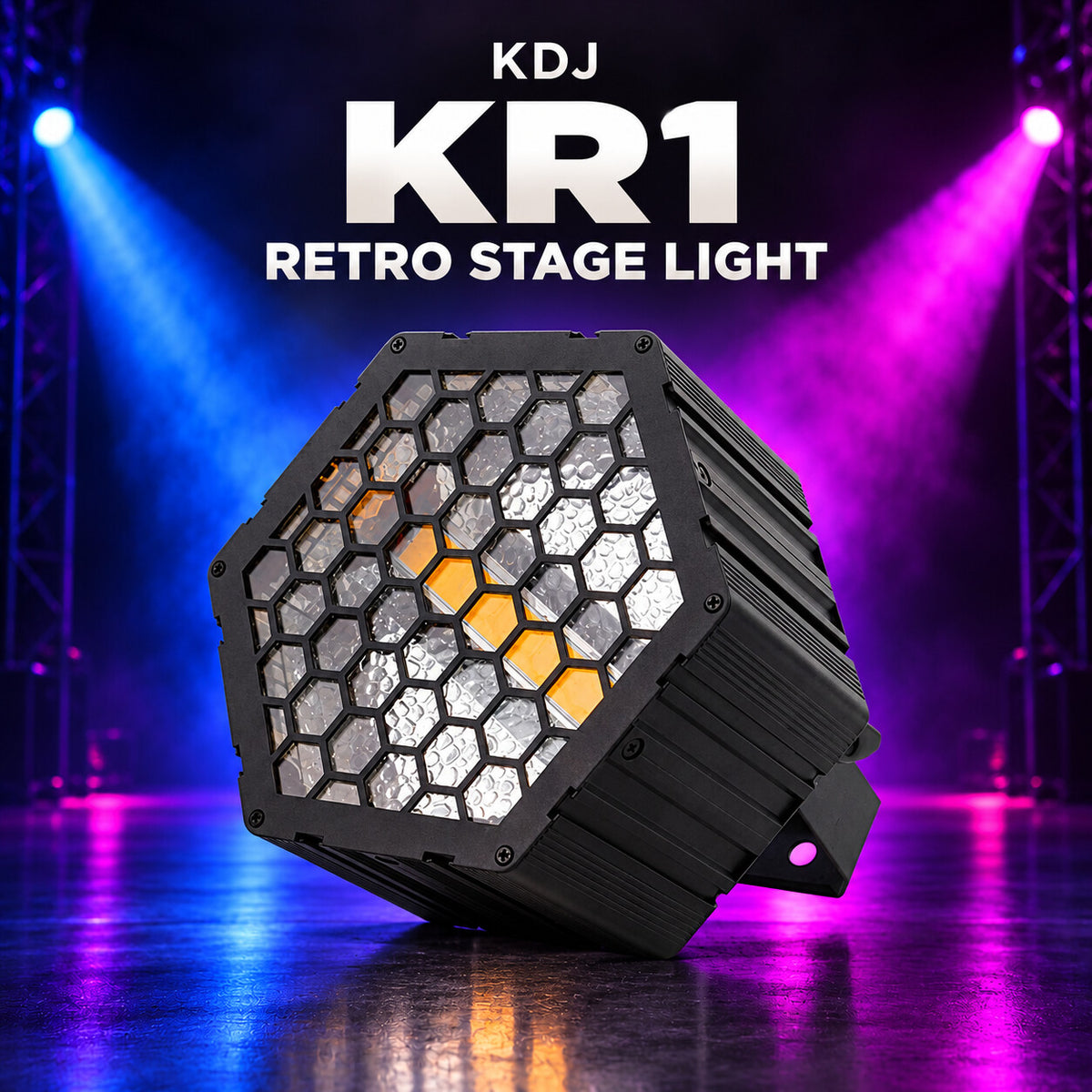 KDJ KR1 retro stage light fixture with its original housing and controls, shown against a dark blue and magenta stage.