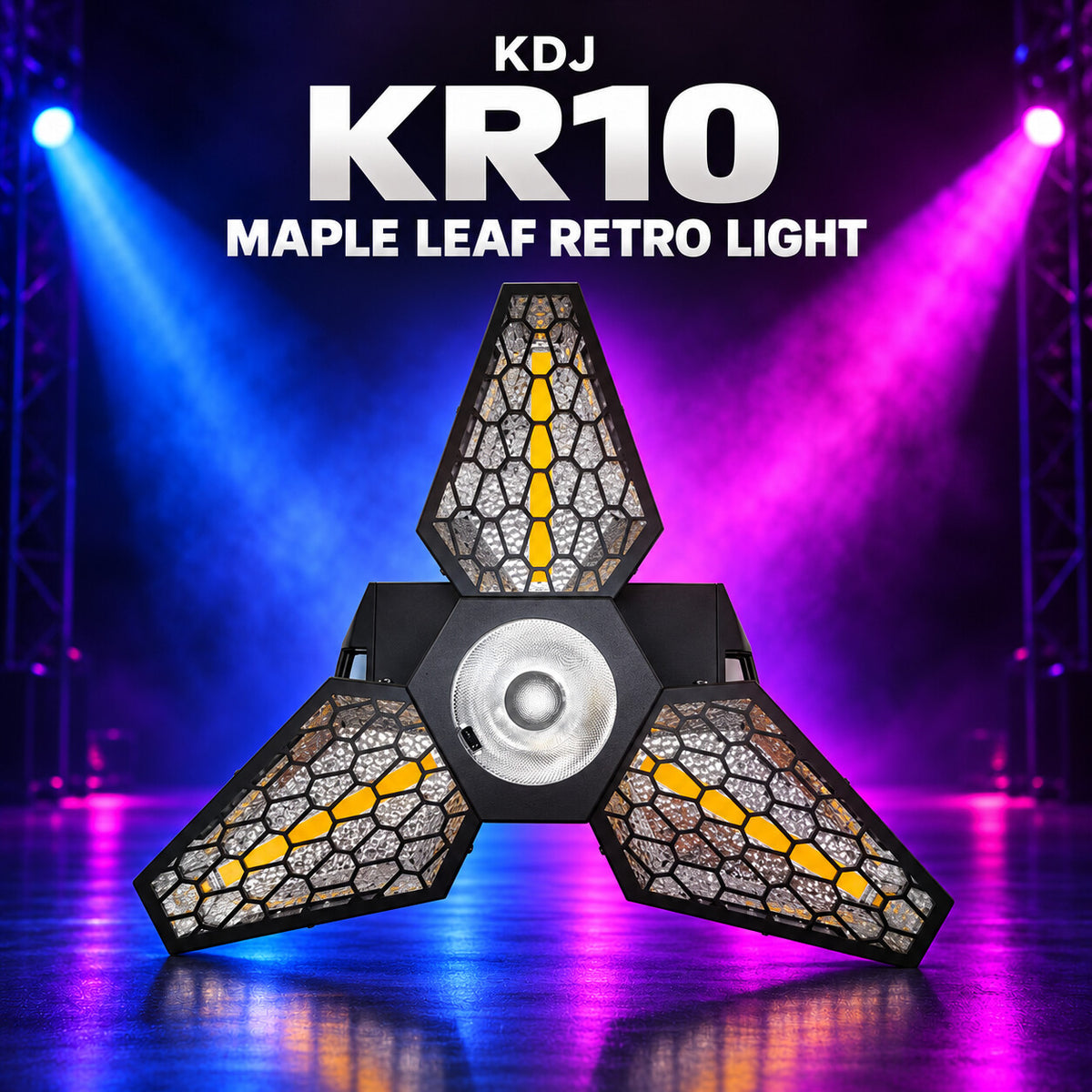 KDJ KR10 maple leaf retro light fixture with its original photographed construction against a blue and magenta stage.